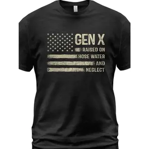 Men's Plus Size Vintage Retro American Flag Design T-Shirt - GEN X RAISED ON HOSE WATER AND NEGLECT Distressed Look Casual Tee for Patriotic Style