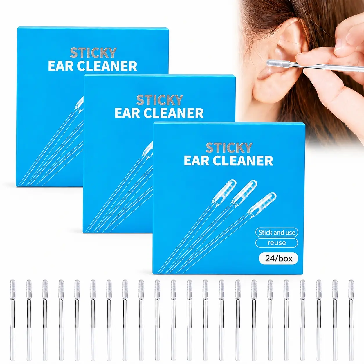 24/48/72Pcs Sticky Ear Cleaning Stick for Adults, Reusable Sticky Ear Cleaner Picks, Removal Adhesive Swabs Gentle Soft Ear Scoop Remover Tool