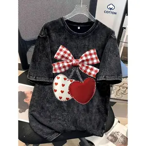 Gingham Bow And Heart Cherry Graphic Oversized Washed Black T Shirt Women Vintage Acid Wash Cotton Crewneck Loose Fit Casual Streetwear Summer Top