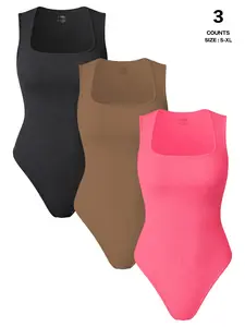Womenswear Three-Piece Ribbed Square Neck Tank Bodysuit with Fitted Design, Knit Underwear Bodysuit, 90% Nylon 10% Spandex, Comfortable, Stylish and Casual for All Seasons SpringStatements