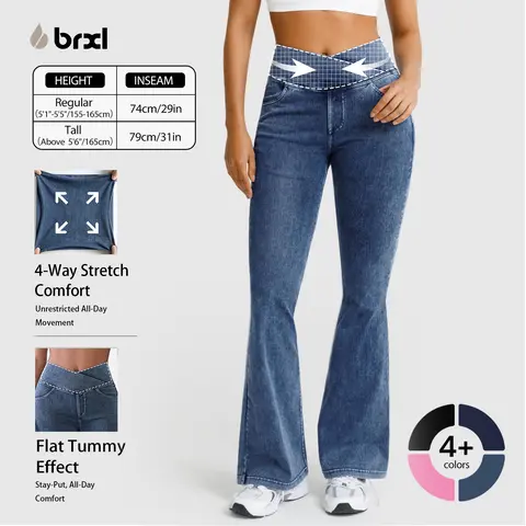 BRXL Women's High-Waisted Stretchy Crossover Denim Bottoms - Fitted Flare Bootcut Sports Pants with Pockets, Women's Fashion Flare Leggings Style Streetwear, Bottom, Sports Bottoms,back to school,back to school haul