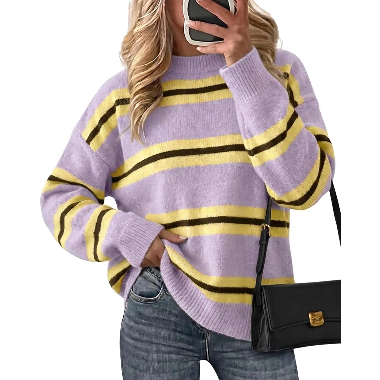 Cicy Bell Womens Striped Pullover Sweater Casual Lightweight Knit Color Block Sweaters Tops Loose Fit Crew Neck Pullover,sohochic