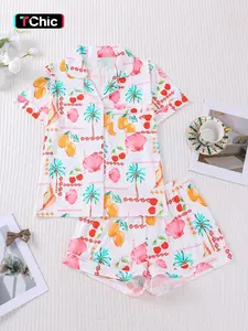 Women's Floral Sleepwear Set, Short Sleeve Button-Up Top & Elastic Shorts, Soft Comfortable Pajamas for Daily Wear & Parties