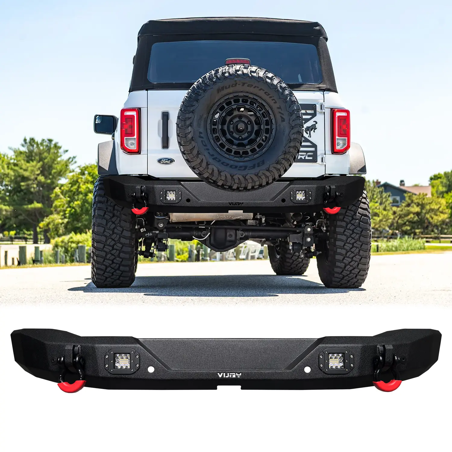 Vijay Black Texture Steel Rear Bumper for 2021-2026 Ford Bronco, Stylish and Functional Car Accessories with LED Lights, 2 D-Rings, Enhances Off-Road Capabilities, Accessories for Car Simple screw installation