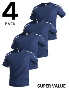 4-Pack Men's Geometric Print Short Sleeve Sporty T-Shirts, Breathable Quick-Dry Fitness Running Cycling Fishing Casual Tops, Gym T Shirts, Dry Fit Tees
