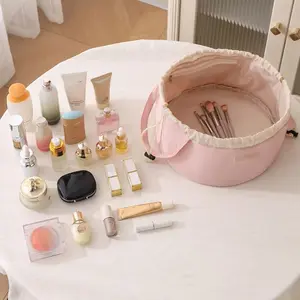 Large Drawstring Makeup Bag, Portable Travel Cosmetic Bag for Women, Barrel Solid Color Toiletry Organizer for Skin Care & Toiletries