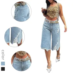 Summer Light Blue Ripped Denim Wide-Leg Culottes - Y2K Distressed High-Waisted Jeans Shorts
