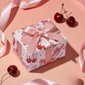 Cherry Bow Wrapping Paper Roll Mini Romantic Pink and Red Gift Wrap for Girl Birthday Valentine's Day Bachelorette Anniversary 17 Inch x 16.4 Feet