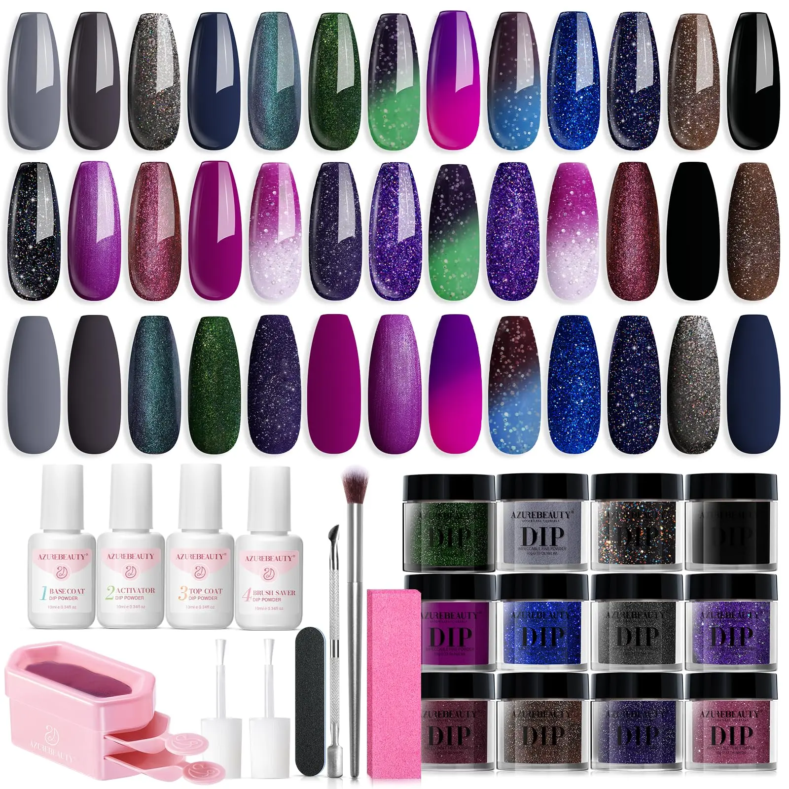 AzureBeauty 20-Color Color-Changing Glitter Dip Powder Nail Starter Kit - Nail Care French Dippowderset with Base&Coat, Activator for DIY Salon Manicures, Nail Products