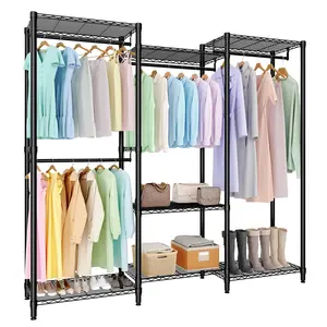 Heavy Duty Freestanding Clothes Rack Organizer System – 8 Wire Shelves, 5 Hanging Rods, L-Shaped 5-Tier Design, Max 1874 lbs Capacity, Adjustable Portable Wardrobe Storage for Bedroom