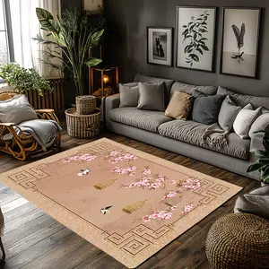 Beige Pink Peach Blossom Bird Chinese Geometric Border Crystal Velvet Area Rug Non‑Slip Oriental Vintage Living Room Rug#ChinesePeachBlossomBirdRug #OrientalVintageRug #TraditionalFloralDecor #GeometricBorderCarpet #CrystalVelvetRug