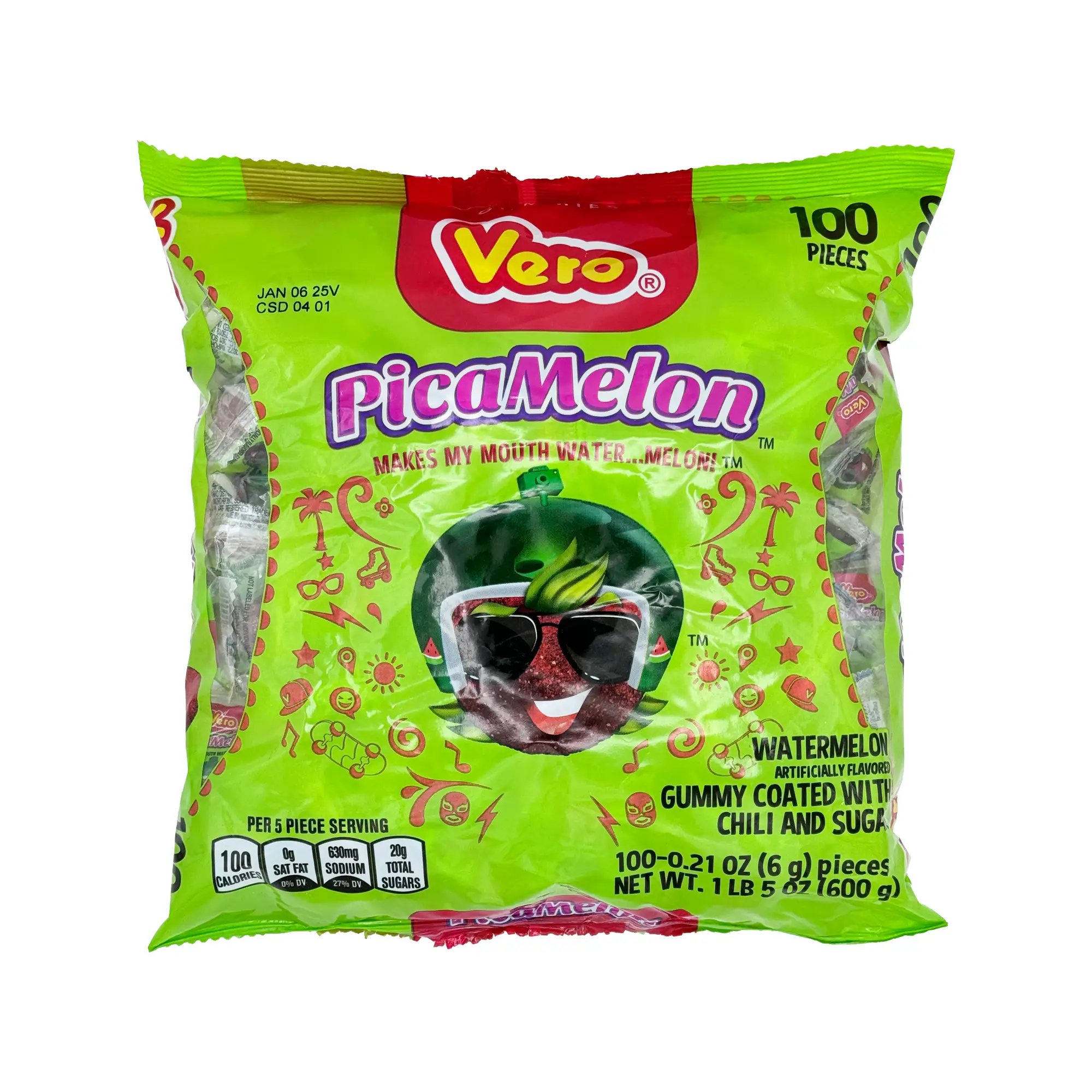 Vero Pica Goma Sandia Chili Watermelon Flavor Gummy Mexican Candy, 100 Pieces, Dulces Mexicanos Spicy Tangy Sweet Snack Sugar Treat