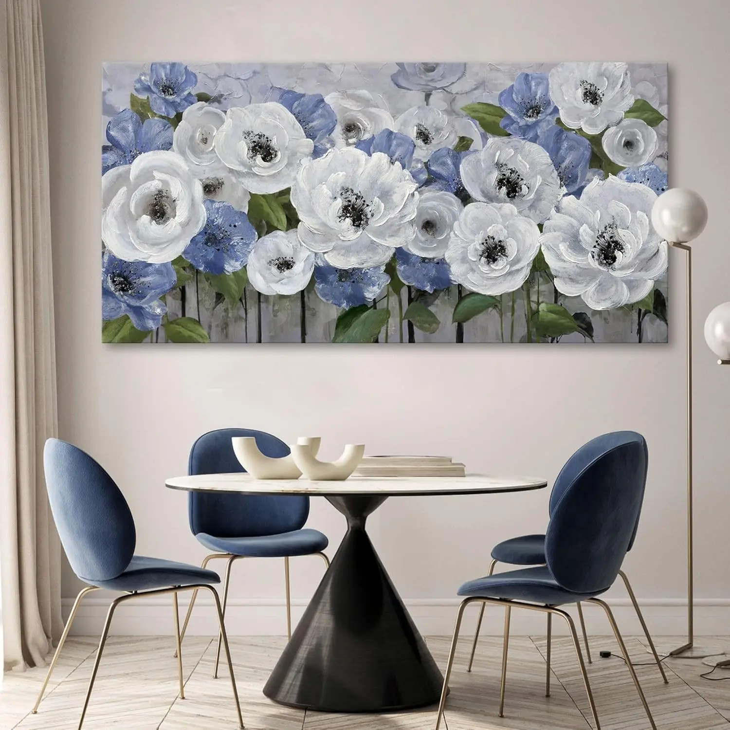 2D flat 1PC Floral Wall Art for Living Room- Large Canvas Paintings with Floral Wall Picture - Flower Wall Decor in Blue & White, Textured Artwork - Landscape Wall Art & Pictures for Bedroom and Home Decor Unframed