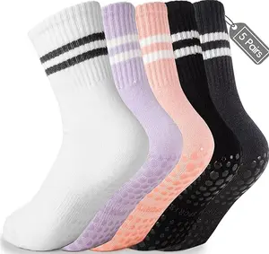 Tall Pilates Socks with Grips for Women Yoga Crew Non-Slip Grippy Ankle Barre Sock Hospital Sticky Socks 5 Pairs One Size 25.6in