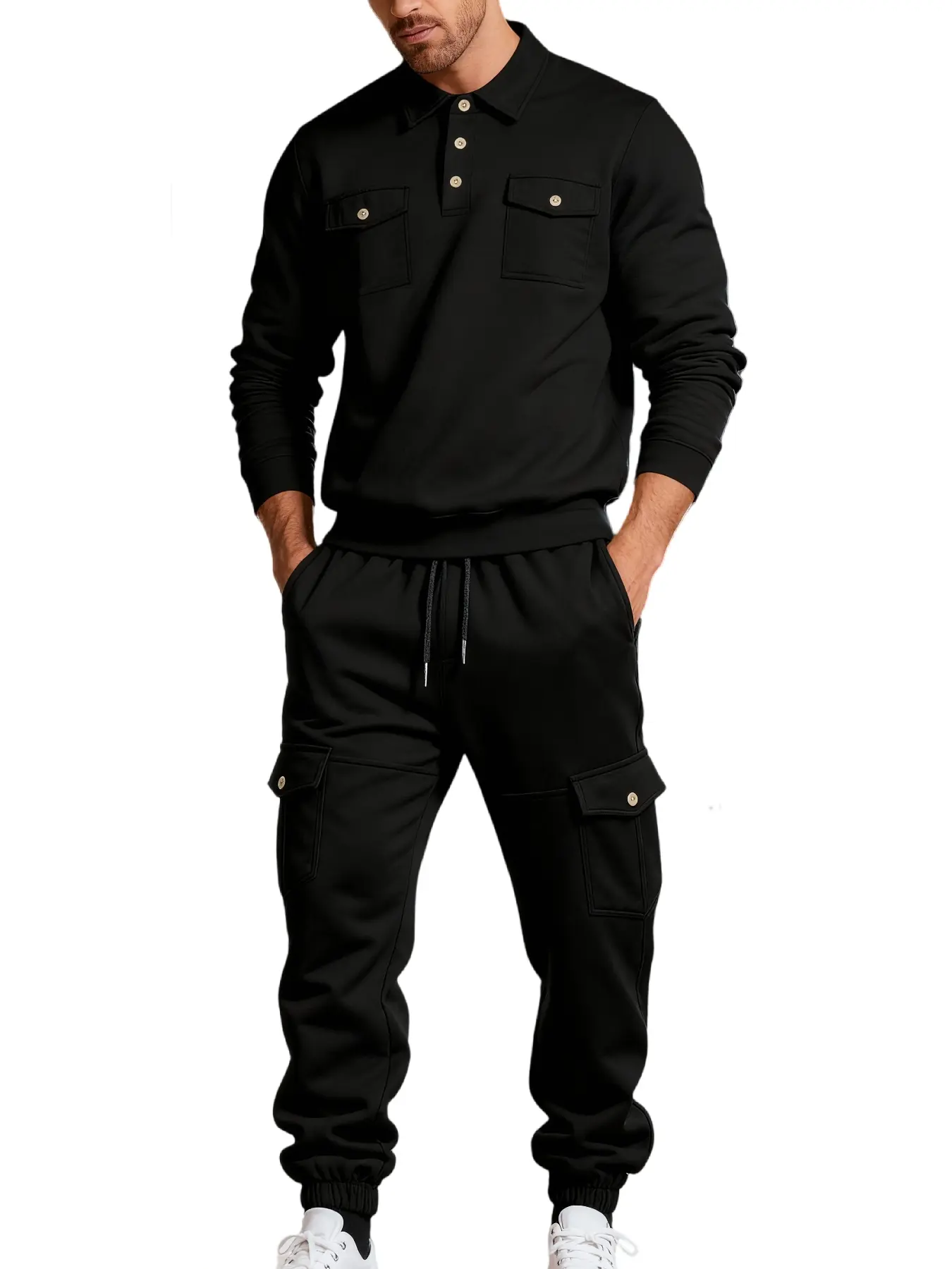 Men's Two-Piece Polo Sport Set, Long Sleeve Pocket Sweatshirt & Cargo Pants, Soft Casual Fashion for Fall Winter Daily Wear
