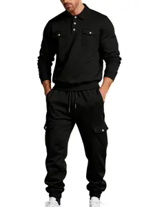 Men's Two-Piece Polo Sport Set, Athletic Tracksuit, Long Sleeve Pocket Sweatshirt & Cargo Pants, Soft Casual Fashion for Fall Winter Daily Wear