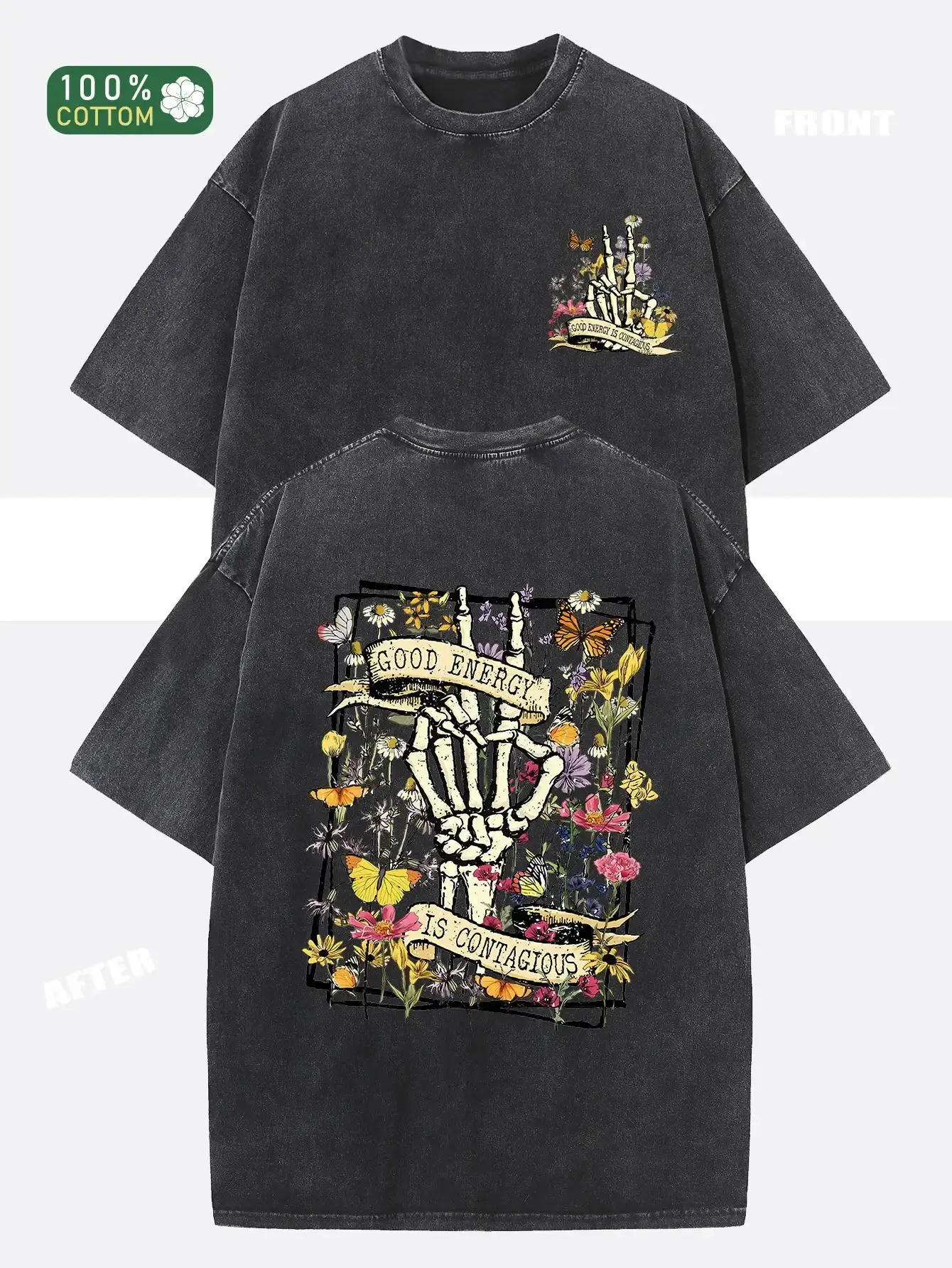 Menswear Short-Sleeve T-Shirt - Men's 250g Heavyweight Washed Cotton Basic Loose Oversized Unisex 90s Retro Vintage Round Neck Top, "GOOD ENERGY IS CONTAGIOUS" Distressed Double-Sided Graphic Print All-Season Streetwear Tee, Shortsleeve