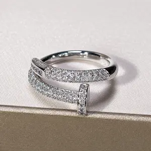 Luxury Crystal Pave Nail Ring, Unisex Statement Costume Jewelry with an Adjustable Open Band for Parties