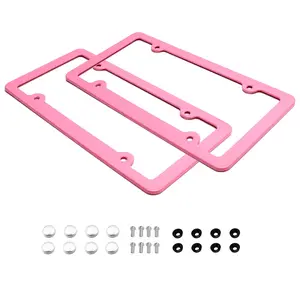 iJDMTOY 2pc Pink Slim 2-Hole License Plate Frame for Automotive Vehicle with Screws/Fasteners and Chrome Polish Caps Car Decor
