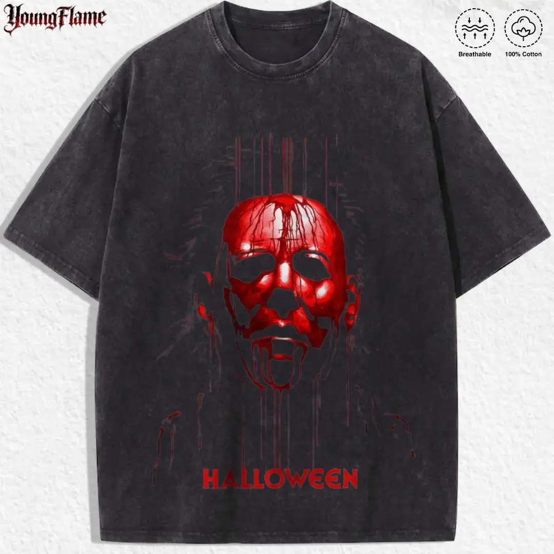 Dark Blood Red Slasher Mask graphic tee | Acid Wash clothing & y2k clothing | Edgy streetwear | Cool fathers day gift ideas good graphic tee loose fit casual shirt