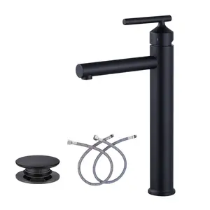 WOWOW Tall Vessel Single Handle Single Hole Bathroom Faucet with Drain Kit Included in Matte Black