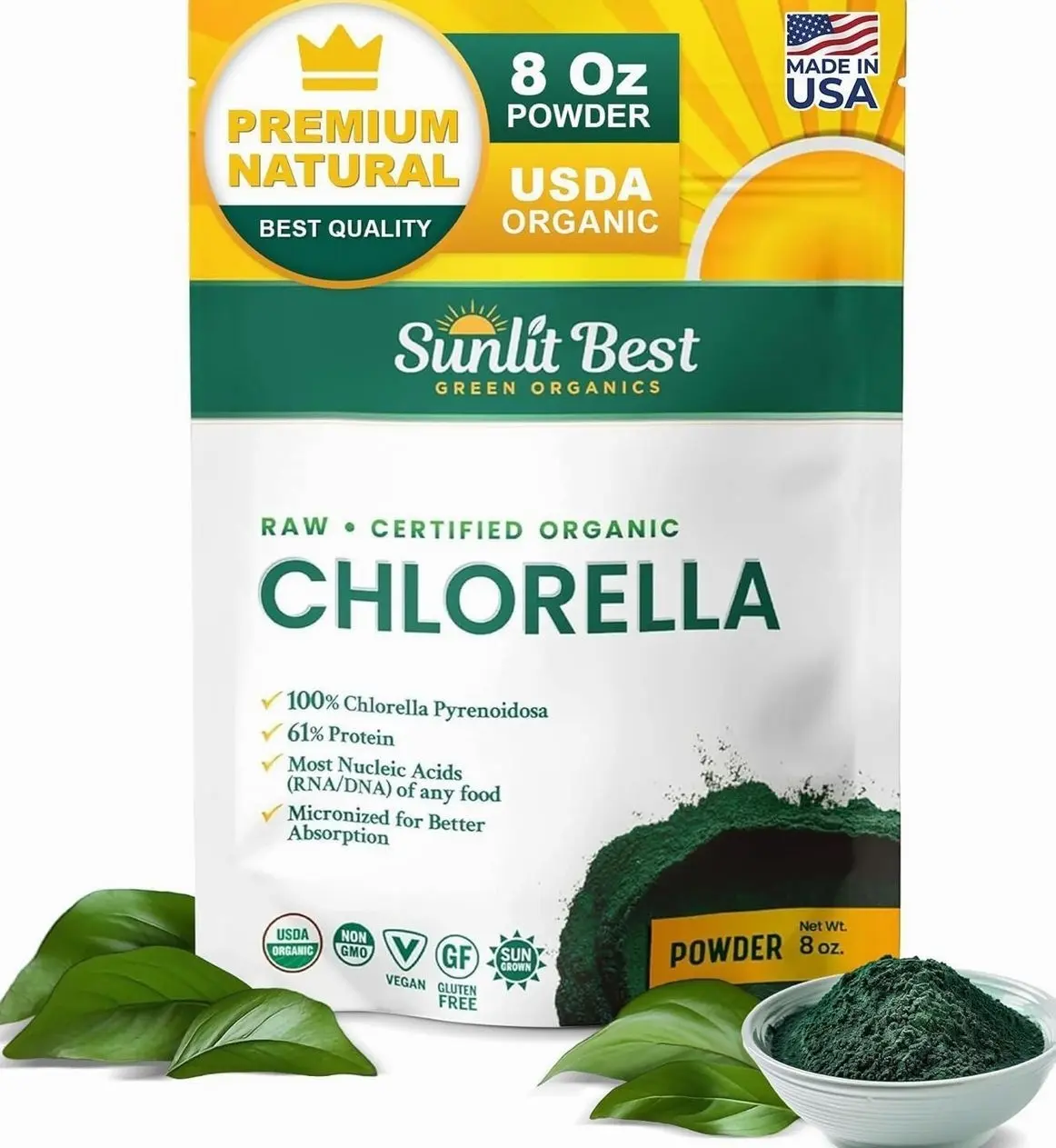 Sunlit Best Chlorella Powder Organic USDA, Green Algae Chlorella Powder, Broken Cell Wall Chlorellas, Raw Vegan Protein Chlorophyll - Non GMO, Gluten Free Superfood, Immune Support Supplement, 8 oz