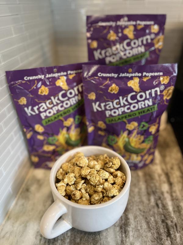 KrackCorn Popcorn Mixed Trial 3-Pack! Three Delicious Flavors. Original Crunchy Caramel. Savory Cheddar Cheese. Spicy Jalapeno Heat. Gluten Free. Non-GMO.
