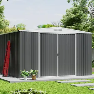 Garvee 8.9x12.6 Shed for Outdoor Storage, Galvanized Steel Metal Tool Sheds House with Lockable Doors, Lock & Air Vent, Large Utility Sheds for Patio Garden Lawn (Grey)
