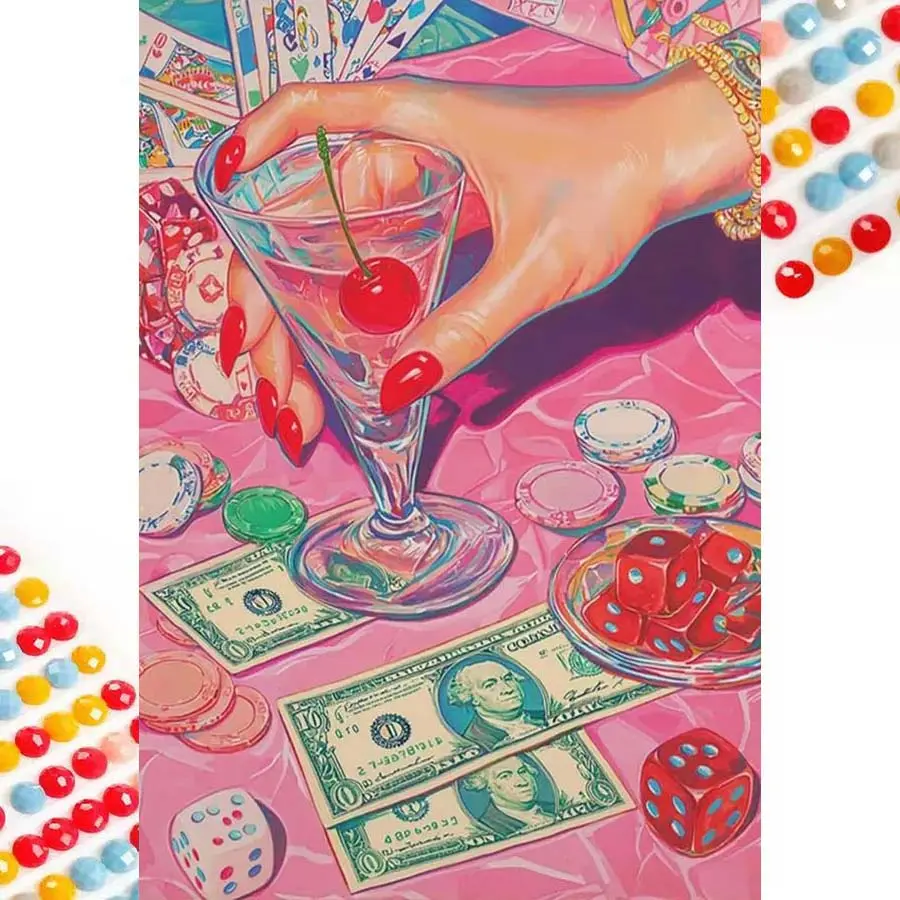 1 set of DIY diamond painting kit, 5D diamond art set, DIY decoration with vibrant colors, holding a wine glass, gambling table scene. Mosaic, diamond art, DIY art home decor. Diamond Art Tools