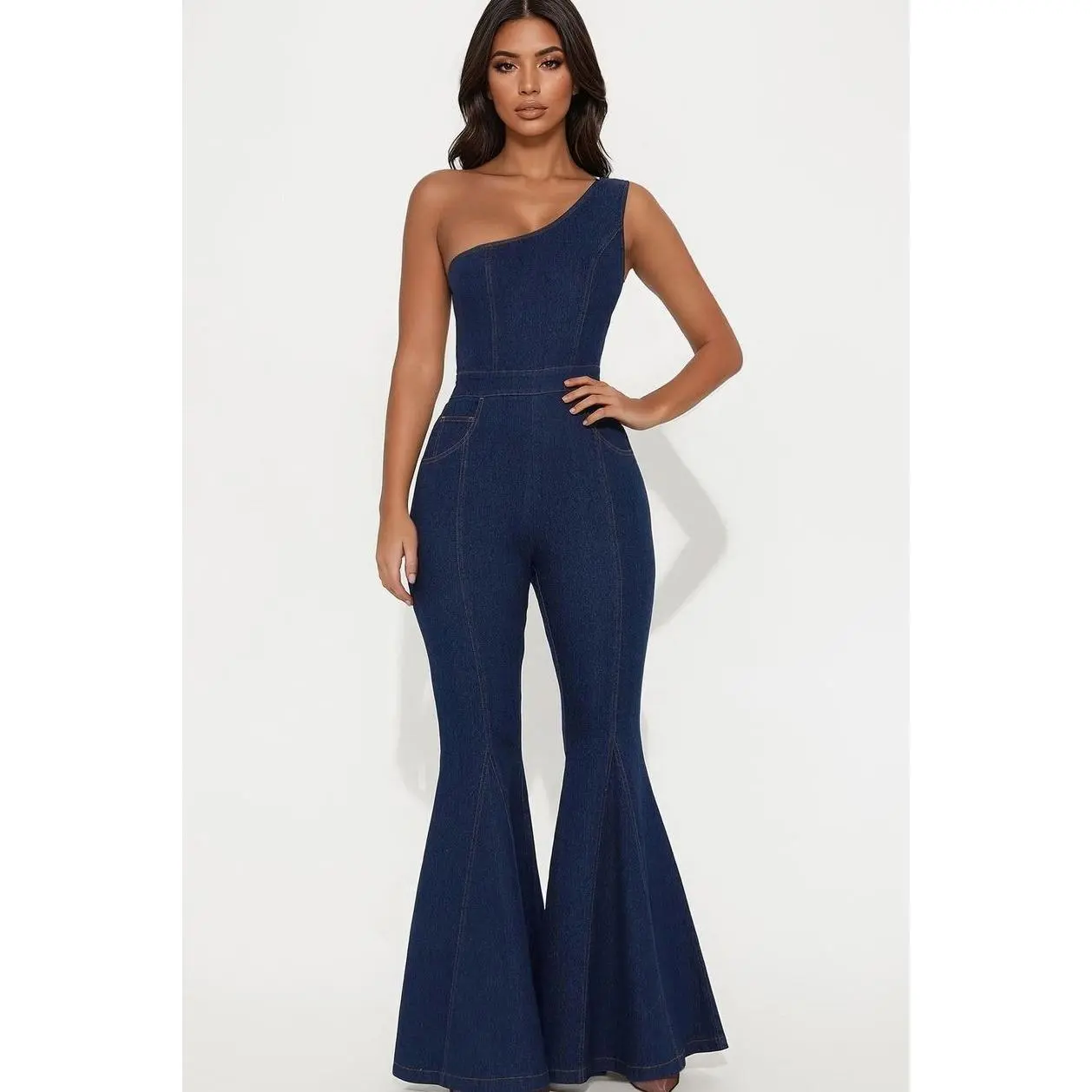 Follow My Lead Denim Flare Jumpsuit - Dark Wash T