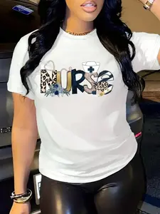 Nurse Leopard Print Nurse Theme T-Shirt, Fitted Casual Home Leisure Essential, Soft Skin-Friendly Breathable, Trendy Leopard Letter Design