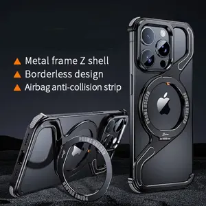 Metal Z Shape Aluminum Alloy Phone Ring Stand Case For iPhone 16 13 14 15 Pro Max Magnetic MagSafe Shell Frameless Rimless Cover
