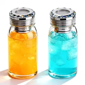 (Set of 2)16.9oz Crystal Diamond Lid Double Wall High Borosilicate Glass Cup, Leakproof Heat Resistant Tea Coffee Water Bottle for Hot & Cold DrinksCoffee Tea Travel Mug Drinkware Tumbler Bottled Washable Portable Reusable