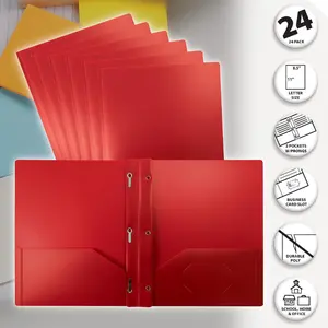 Red Plastic Folders with Pockets and Prongs, Letter Size, 24 Pack, Heavyweight Poly Prong Folders, Red Plastic with 3 Metal Fastener Clips