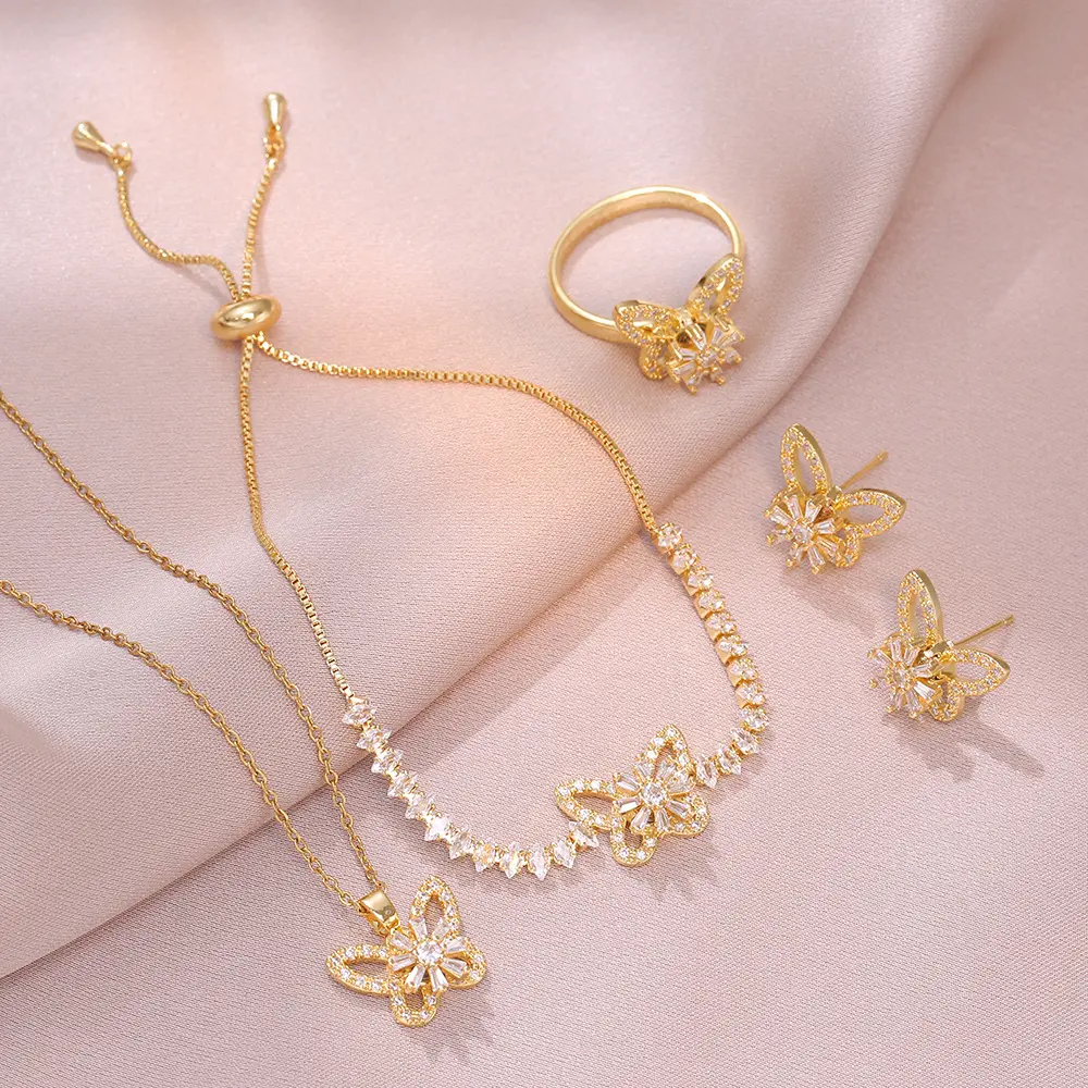 4PCS Butterfly Jewelry Set, Necklace Butterfly Four-Piece Rotating Earring Ring Necklace Bracelet, Micro Inlaid Zircon Clavicle Chain