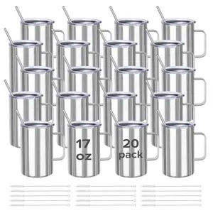 FASTSUB 17 oz Stainless Steel Mug with Lid and Straw 20 Pack, Double Wall Insulated Tumbler for Epoxy and UV DTF