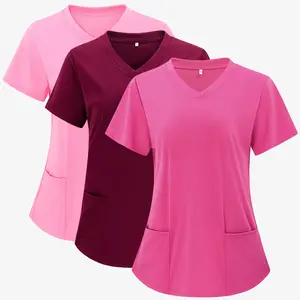 Three-piece set, in the colors of purple-red, pink, and burgundy, designed specifically for female caregivers. It includes a solid-colored V-neck top with two pockets, made from elastic fabric