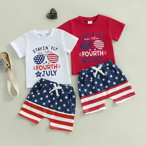 Toddler Baby Boy 4th of July Outfit Short Sleeve Letter T-Shirt Top American Flag Shorts Set Fourth of July Clothes