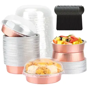 8oz Mini Cake Pans with Lids 50 Pack, 4” Disposable Small Pie Pans Aluminum Foil Baking Tins Ramekins,Small Baking Pans Muffin Containers Holders for Wedding Party