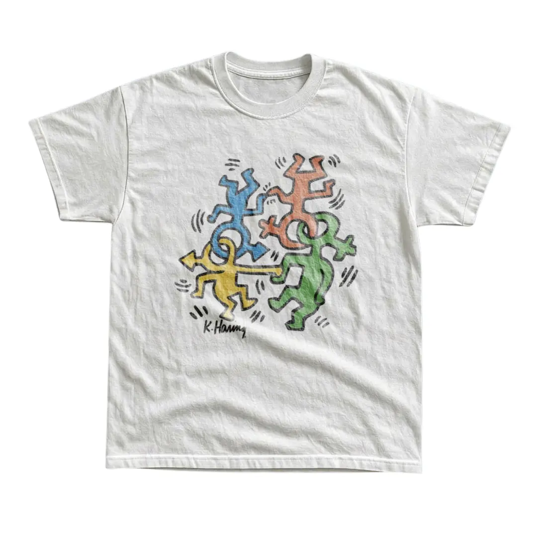 Gildan Men's Women's T-shirt, Keith Haring Colorful Dancing Figures Vintage Graphic Tees, Funny Tshirt, Perfect Gift For Art Lovers, Contemporary Art Collector Shirt, GAesthetic Art Museum Fashion Tee, Menswear Womenswear Streetwear Y2k