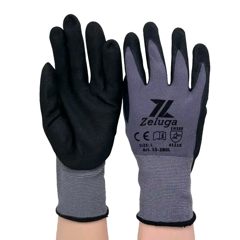 Zeluga 15G Knitted Nylon Gloves with Spandex, Foam-Coated Palm and Nitrile Coating size large
