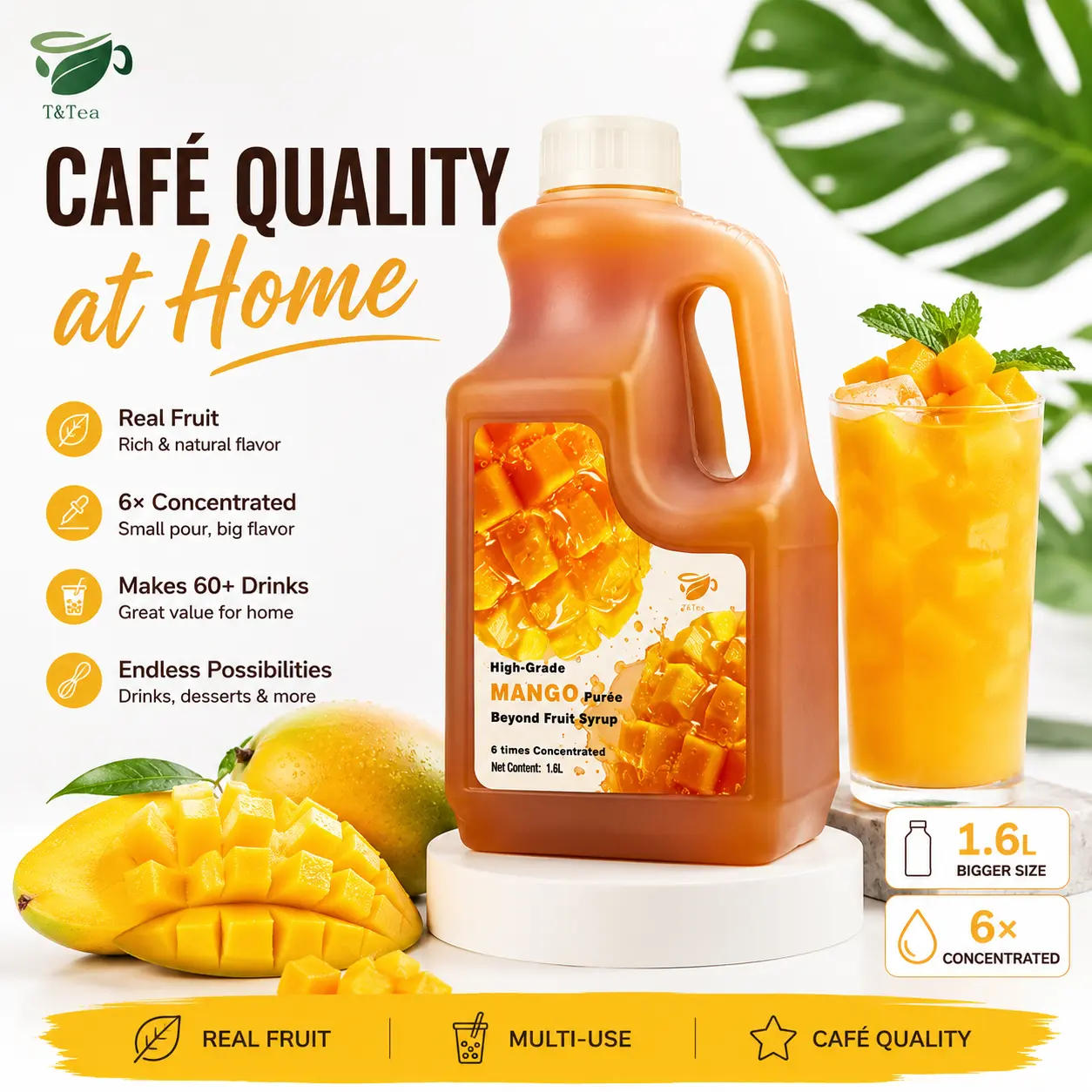 T&Tea High-Grade Mango Purée 1.6L | 6X Concentrated Fruit Purée for Lemonade, Smoothies, Milk Tea, Mocktails & Desserts