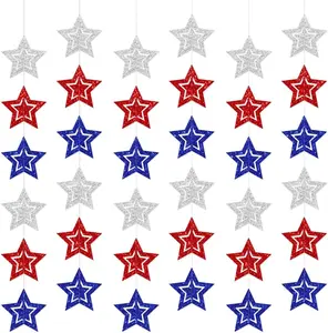 36 Pcs 4th of July Glitter Star Garland - No DIY Needed, Red White Blue Hanging String Decorations for Independence Day, Memorial Day, Decorations