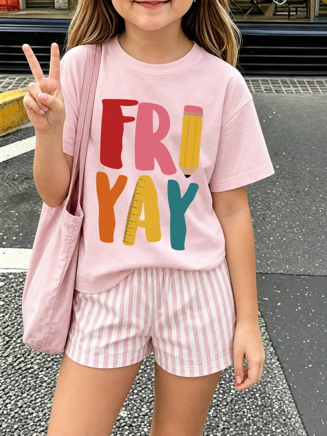 Girls 2-Piece Back to School Outfit, Graphic Short Sleeve T-Shirt & Elastic Waist Striped Shorts Set with Friday Print