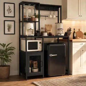 5-Tier Kitchen Baker's Rack with Mini Fridge Space - Microwave Stand & Coffee Bar Storage Shelf with Hanging Hooks for Apartment, Dorm & Office garage accessories