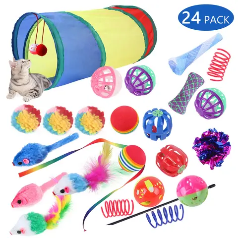 Multi-Color 24Pcs Cartoon Cat Toy Set - Polypropylene 2-Way Interactive Tunnel with Memory Steel Frame, Feathers, Ribbon Flutter Teaser, Bell Ball - Healthy Hunting Instinct Stimulator for Kittens, Birthday Holiday Gift