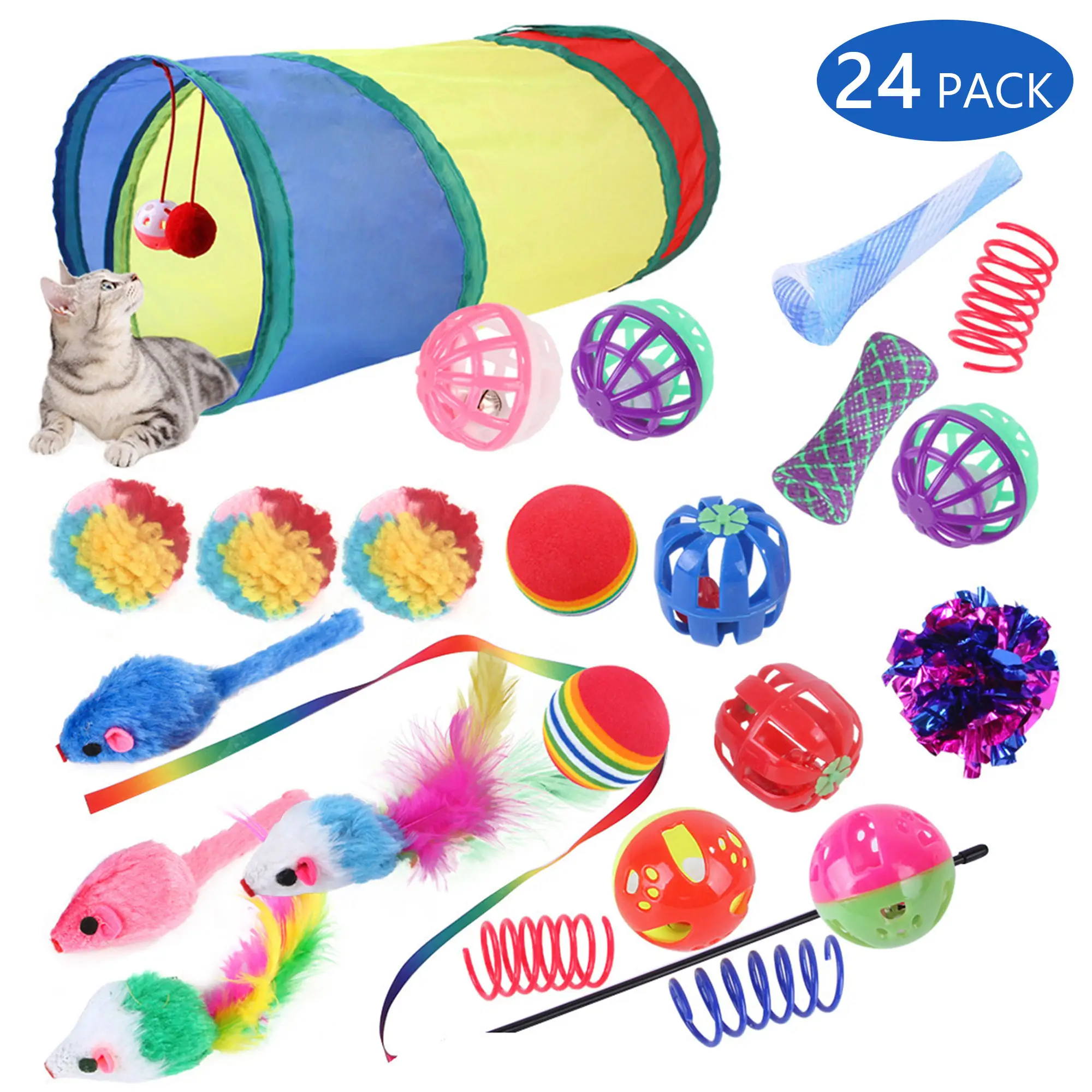Cat Toys 24Pcs Kitten Toy Set - Colorful Two-Way Interactive Tunnel Toy Kit for Hide and Seek Training