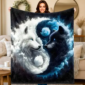 Flannel Blanket - 2D Printed Wolf Yin-Yang Artistic Throw, Multi-Size All-Season Bedding, Ideal for Sofa & Bed, Perfect Birthday & Holiday Gift