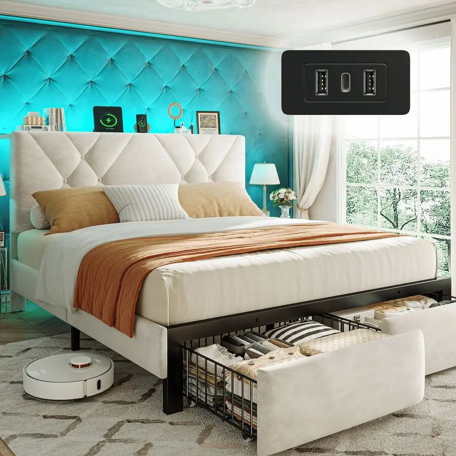 Classic Beige Velvet Fabric Color Changing LED Light Metal Platform Storage Bed Frame, 2 Storage Drawers, USB Charging Station, Adjustable Headboard, Squeak Resistant, 1-Person Assembly for Modern Bedroom,cama,queen,twin,bookcase,wingback,shel,u,christmas