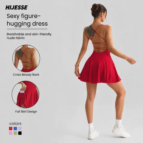 HIJESSE Women Embossed Floral Textured Cross Back Active Dress, Sleeveless Breathable 2-in-1 Skort Dress with Side Pocket, All Seasons Casual Tennis Workout Dress